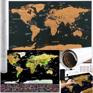 Malatec Wereldkaart Krasposter Met Vlaggen En Accessoires - 82 X 59 Cm - Perfect Voor Reizigers