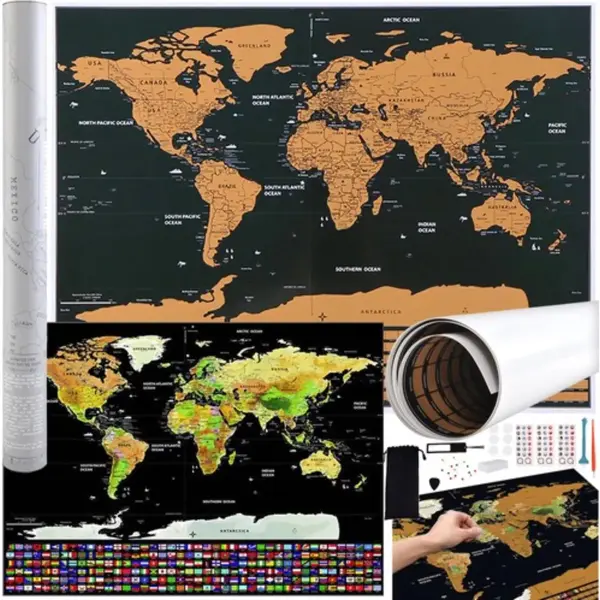 Malatec Wereldkaart Krasposter Met Vlaggen En Accessoires - 82 X 59 Cm - Perfect Voor Reizigers thumbnail
