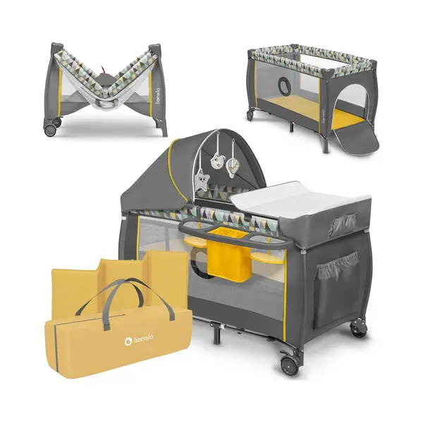 Lionelo Sven Plus 2in1 Reisbed - Campingbedje Met Commode En Organizer - 127x60 Cm - Tot 15 Kg - Grijs Geel thumbnail