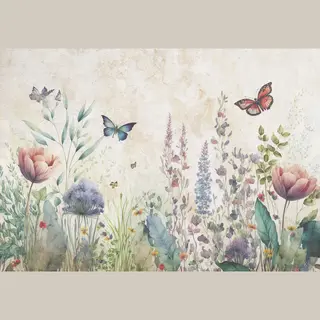 Fotobehang - Natuur - Bloemen - Bladeren - Vlinders - Kunst - Pastel - Vliesbehang- 104x70cm (lxb)