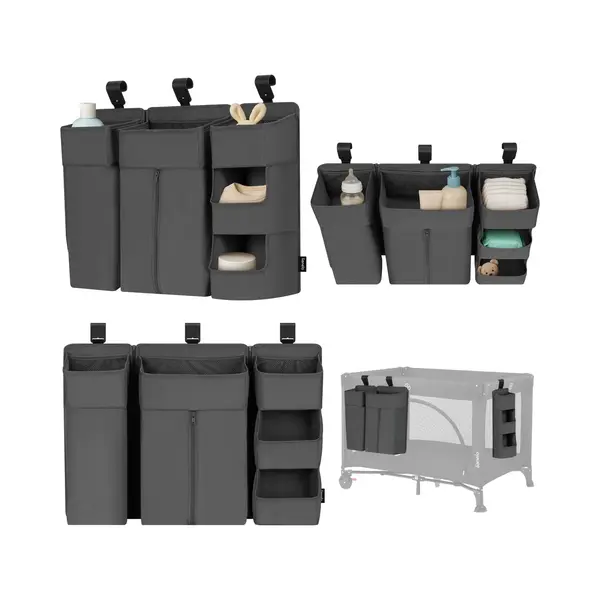 Lionelo Sidepocket Large Hanging Nursery Organiser 58×11×58 Cm – Modular 3-Section Cot Storage With Zip Pocket & Multiple Compartments – Fits thumbnail