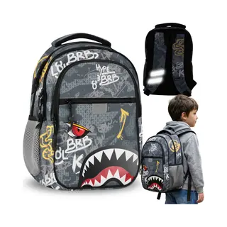 Sarcia.eu Verstärkter Schulrucksack Für Jungen Mit Reflektoren, Vier Fächer, 24 L (Hai, 24L)