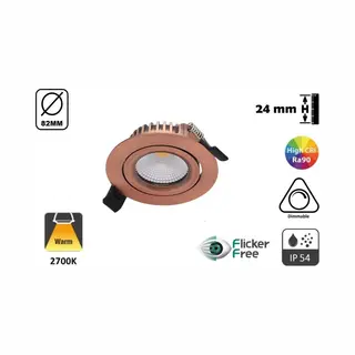‘Merkloos’’ Inbouw Led Spot Koper- 5W - 420 Lumen - 2700K Warm Wit - Kantelbaar - IP44 - Dimbaar - CRI90 - Gatmaat 72mm