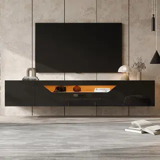 Pugsdrly Tv-kast Met Zwevend Hangbord 180 × 37 × 36 Cm Zwart + Originele Houtkleur Hoogglans Met 2 Opbergvakken En 1 Neerwaarts Openend Opbergvak
