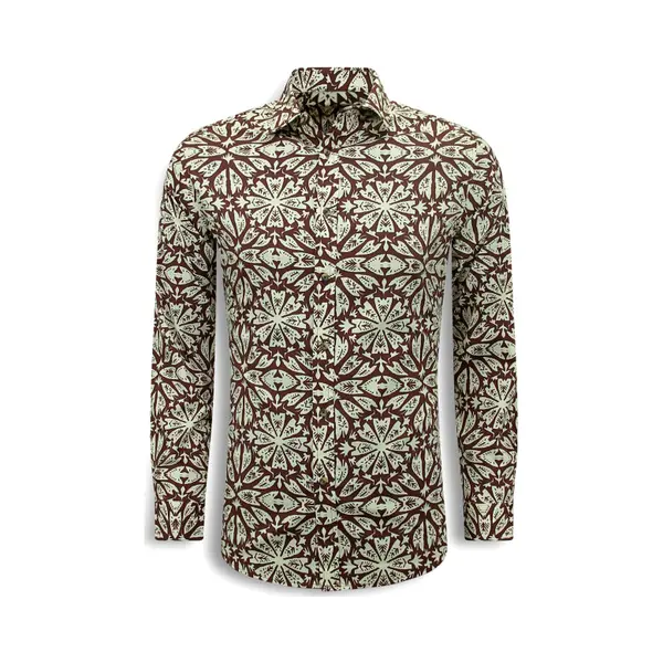 Bread & Buttons Heren Overhemden Lange Mouw - Blouse Heren Volwassenen - Slim Fit - Bordeaux thumbnail