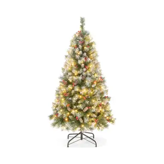 Costway Kunstkerstboom Met Verlichting, 150 Cm, Sneeuw, Dennenappels En Rode Bessen, Dennenboom Met 8 Verlichtingsmodi, 200 Warmwitte Ledlampen,