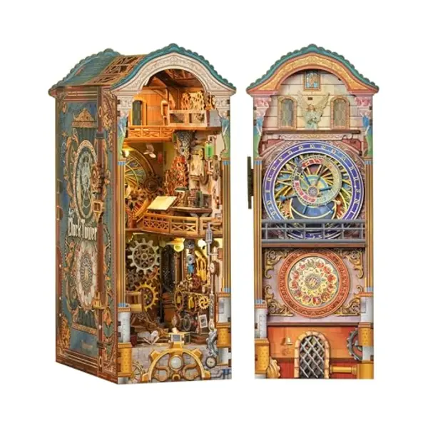 Tonecheer Diy Book Nook Kit With Dust Cover And Led Light, Clock Tower 3D Wooden Puzzle, Movable And Rotating Parts, Creative Bookshelf Decor, Unique thumbnail