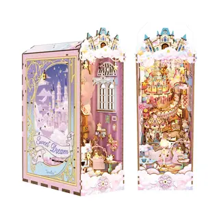 Tonecheer Diy Book Nook Kit For Adults, Booknook Wooden 3D Puzzle Bookend Miniature House Kit, Fantasy Pink Bookshelf Decor With Dust Cover And Led
