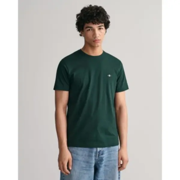 Gant Shield T-Shirt Ronde Hals Ruitgroen, Effen thumbnail