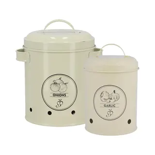 Secrets Du Potager Uien/knoflook Bewaar Blikken - Metaal - Creme - Set Van 2 - Voorraad/bewaar Pot