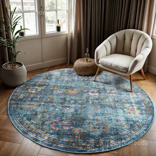 Muratap Picasso Sarough Vintage Vloerkleed - Laagpolig Tapijten Woonkamer - Blauw - 200 Cm Rond