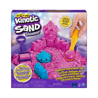 Spin Master Kinetic Sand - Shimmer Zandkasteel-set met 453 g roze glinsterend speelzand 3 vormpjes en 2 stuks gereedschap sensorisch speelgoed
