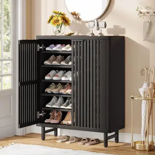 Tribesigns Schoenenkast Met Roldeuren – 6 Laags Schoenenrek Met Verstelbare Planken – Vrijstaande Smalle Schoenenkast – 85x 35x 110cm – Houten