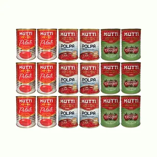 Mutti 18 Blikjes - Pomodorini Ciliegini / Kerstomaatjes (6 X 400 G) + Pomodori Pelati / Gepelde Tomaten (6 X 400 G) + Polpa / Fijne Tomatenpulp (6 X