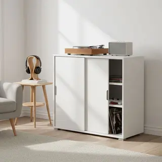 The White Stone Onderkast 2 Schuifdeuren Wit | Moderne Ruimtebesparende Kast Met 2 Verstelbare Planken | Kant-en-klaar Voor Woonkamer, Hal, Badkamer,