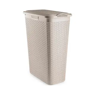 Plasticforte Smalle Wasmand Met Deksel Rotan - Beige - Gevlochten Kunststof - 48 Liter - 27 X 46 X 60 Cm