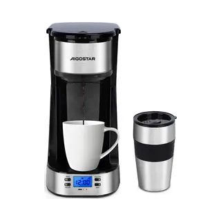 Aigostar 302FX - Koffiezetapparaat - Filterkoffie - 0.42 L - Thermosbeker - Timer Schakelaar - Ideal Voor Camping - 750W - Rvs/Zwart