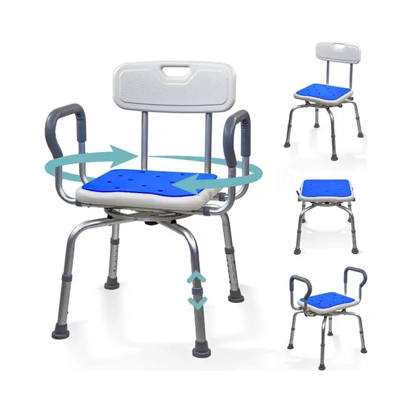 Mobiclinic®, 360° Swivel Shower Chair, Armrests And Backrest, Height Adjustable, Seat With Eva Cushion, Non-Slip Feet, Aluminum, For Seniors, thumbnail