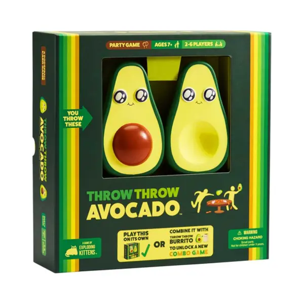 Asmodee Throw Throw Avocado The dodgeball card game sequel to Throw Throw Burrito! Go head to head with your opponents, collecting cards while throwing squishy, adorable avocados. Play as a standalone set or use the includes Bonus cards and combine with the cards from Throw Throw Burrito to unlock a new bonus game using all four throwables! Card Game thumbnail