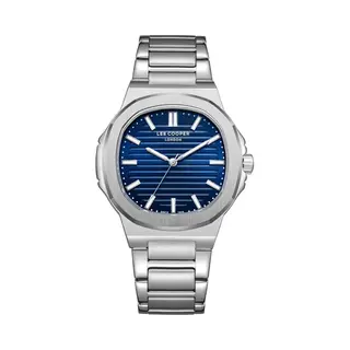 Lee Cooper LC08016.390 - Horloge - Polshorloge - Analoog - Heren - Mannen - Stalen Band - Metaal - Ovaal - Strepen - Zilverkleurig - DonkerBlauw