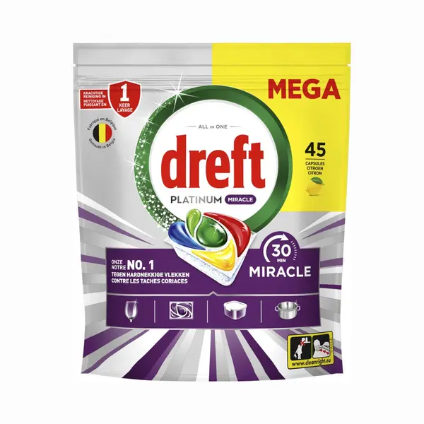 Dreft Vaatwastabletten Platinum Miracle All In One - 4 X 45 Stuks - Voordeelverpakking thumbnail