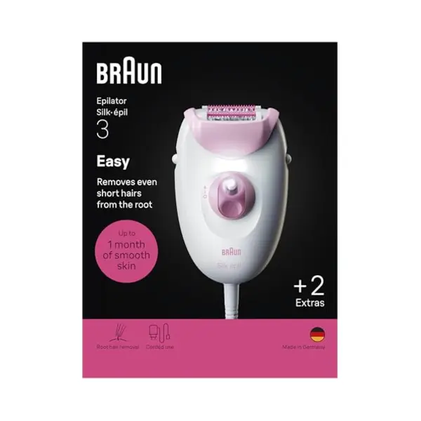 Braun Silk·épil 3, Corded Epilator, Easy Hair Removal, Lasting Smooth Skin, Includes Shaver Head And Trimmer Comb, 3-031, Pink thumbnail