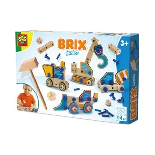 Ses Creative - Brix Junior - Baufahrzeuge - Konstruktionsspielzeug - Baustellenfahrzeuge Kinder - Konstruktionsset - Mit Holzteile, Holzhammer Und