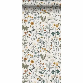 ESTAhome Behang Veldbloemen Okergeel, Vergrijsd Groen En Vintage Blauw - 53 Cm X 10.05 M - 139391