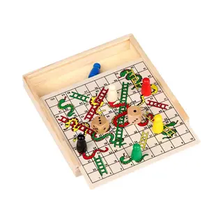 Eddy Toys Slangen En Ladders Bordspel - 15x15 Cm - Snakes & Ladders Spel - Houten Bordspel Met 6 Pionnen En 2 Dobbelstenen - Klassiek Familiespel - 9
