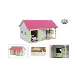 Kids Globe Farming Reiterhof Rosa Bauernhof Pferdestall Holz 1, 32 Mit 2 Boxen, Spielzeug Pferdehof, Mit Praktischem Faltdach, Für Alle Gängigen