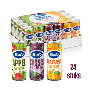 Hero Assortiment Fruitige Blikjes Frisdrank - Cassis, Appelsap & Sinaasappelsap - Handige Tray - 24 X 250ml