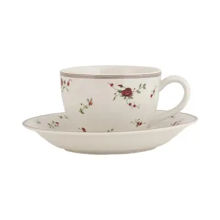 Clayre & Eef Kop En Schotel 200 Ml Beige Keramiek Bloemen