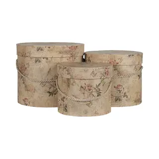 Clayre & Eef Hoedendoos Set Van 3 Ø 23x20 Cm Beige Roze Karton Bloemen