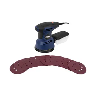 Ferm - ESM1015 - Excentrische Schuurmachine - 125mm - 300W - Variabel Toerental - 6.000-13.000/min - 3 Meter Kabel - Stofopvangbak - Softgrip -