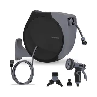 Vonroc Automatische Slanghaspel – Wandslangbox – Incl. 30m Premium Tuinslang, 8-standen Broespistool En Koppelingen – Zwart/grijs