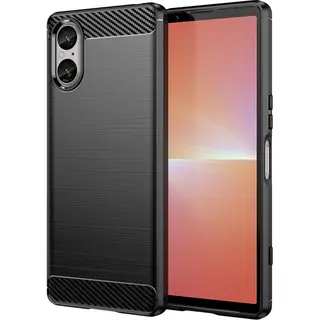 MobyDefend Hoesje - Geschikt Voor Sony Xperia 5 V - Tpu Backcover - Geborstelde Metaal & Carbon-Look - Zwart