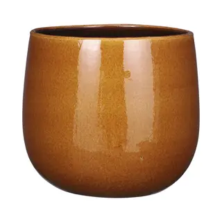 Mica Decorations Plantenpot/bloempot - Keramiek - Okergeel Glans/spotted- D29/H25 Cm