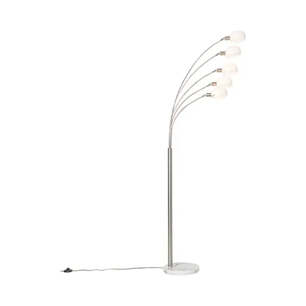 Qazqa - Design Floor Lamp Steel I Nickel Matt I Satin With Opal Glass 5-Light - Sixties Marmo- - Design - Suitable For Led E14 | 5 Light - Steel Floor thumbnail