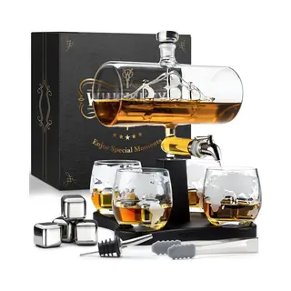 Whisiskey - Whiskey Decanter Set - 1100ML Ship Carafe - Whiskey Gift Sets For Men - Whisky Set - Glass Gifts For Men - Inc. 4 Whiskey Glasses, 4