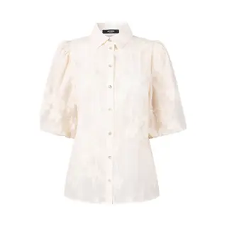 Jansen Amsterdam Priya Blouse Te 773 Short Puffed Sleeve Flower Embroidery Dames - Jurken - Ecru - Maat 42