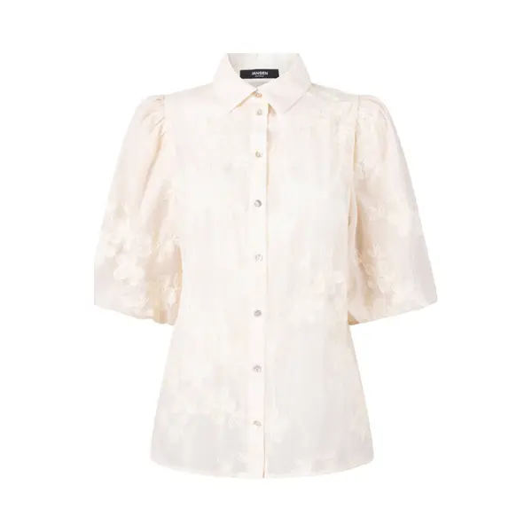 Jansen Amsterdam Priya Blouse Te 773 Short Puffed Sleeve Flower Embroidery Dames - Jurken - Ecru - Maat 42 thumbnail