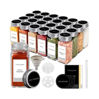 S.old 24 Glazen Kruidenpotjes Vierkant Met Deksel En Stickers - Kruidenstrooier - Spice Jars - Complete Set Met 2 Soorten Strooideksels, Voorbedrukte