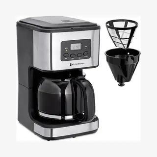KitchenBrothers Koffiezetapparaat - Bpa Vrij - Filterkoffie - Met Glazen Kan - 12 Koppen - Zwart/Rvs