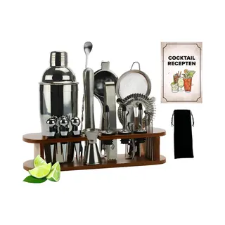 KitchenBrothers Cocktail Set - 25 Delig - Pfas-Vrij - Inclusief Cocktail Shaker (750ml) - Compleet Voor Cocktailbar - Donkerbruin/Bamboe - Cocktailset