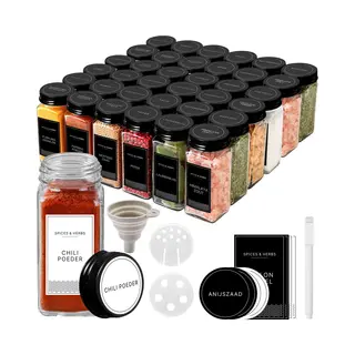 S.old 36 Glazen Kruidenpotjes Vierkant Met Deksel En Stickers - Kruidenstrooier - Spice Jars - Complete Set Met 2 Soorten Strooideksels, Voorbedrukte