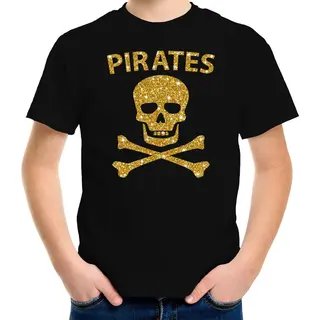 Bellatio Decorations Piraten Verkleed Shirt Goud Glitter Zwart Voor Kinderen - Piraten Kostuum - Verkleedkleding 158/164