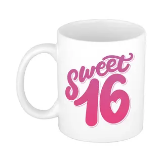 Bellatio Decorations Sweet 16 Verjaardag Cadeau - Koffiemok - Drinkbeker - 16 Jaar Geworden - Wit - 300 Ml - Sweet Sixteen