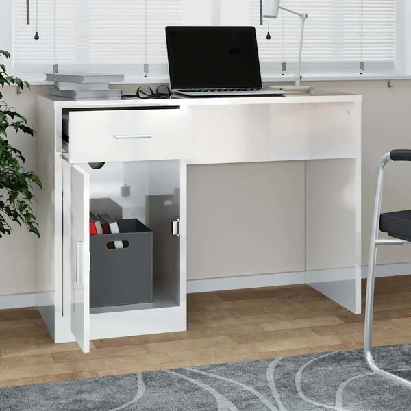 VidaXL Bureau Met Kast En Lade 100x40x73 Cm Bewerkt Hout Hoogglans Wit thumbnail