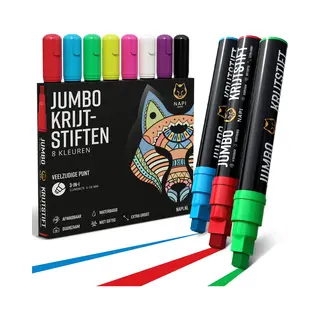 Napi 8 Raamstiften Xl - 3-in-1 Punt - Afwasbaar - Jumbo Krijtstiften Voor Krijtbord & Raam - 3 Tot 10mm - Whiteboard Stiften - Whiteboardmarkers -