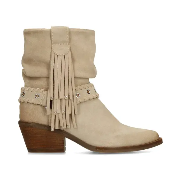 Manfield Beigefarbene Veloursleder-Stiefeletten Mit Fransen thumbnail